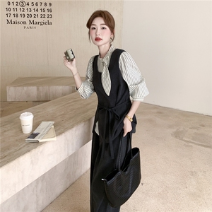 韩版条纹拼接上衣阔腿裤两件套女2025秋季新款设计感小众时尚套装图片