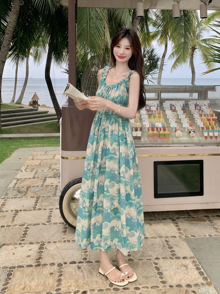 超仙浪漫油画无袖吊带裙女夏季新款度假风森系绝美小个子连衣裙,女装连衣裙,浙宝210（原浙宝191）