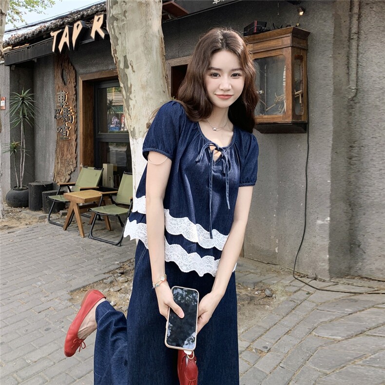2025年夏季新款牛仔拼蕾丝花边两件套P155K218,女装套装/套裙,帛锦泉
