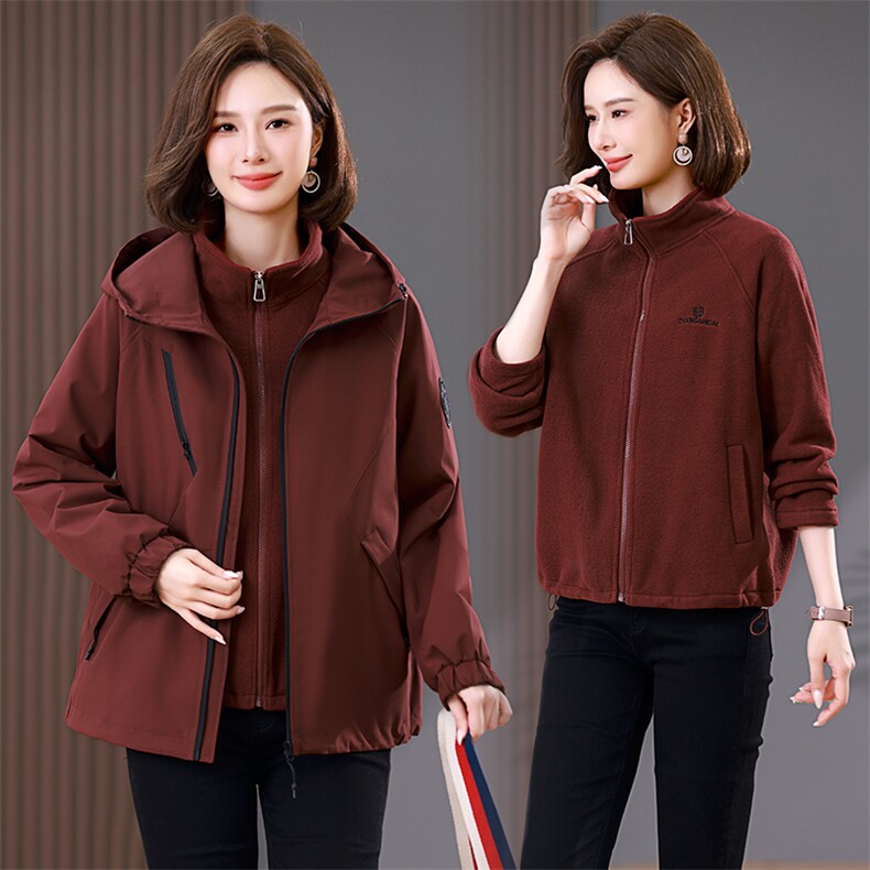 时尚保暖派克服冲锋衣+卫衣两件套女冬季新款加绒外套,女装套装/套裙,韩派