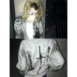 网图有货 美式复古毛领拉链开衫涂鸦印花连帽卫衣男女 A1281-P66图片