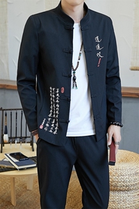 2021春秋季外套男休闲中国风立领刺绣长袖套装修身中山装YK808-P100图片