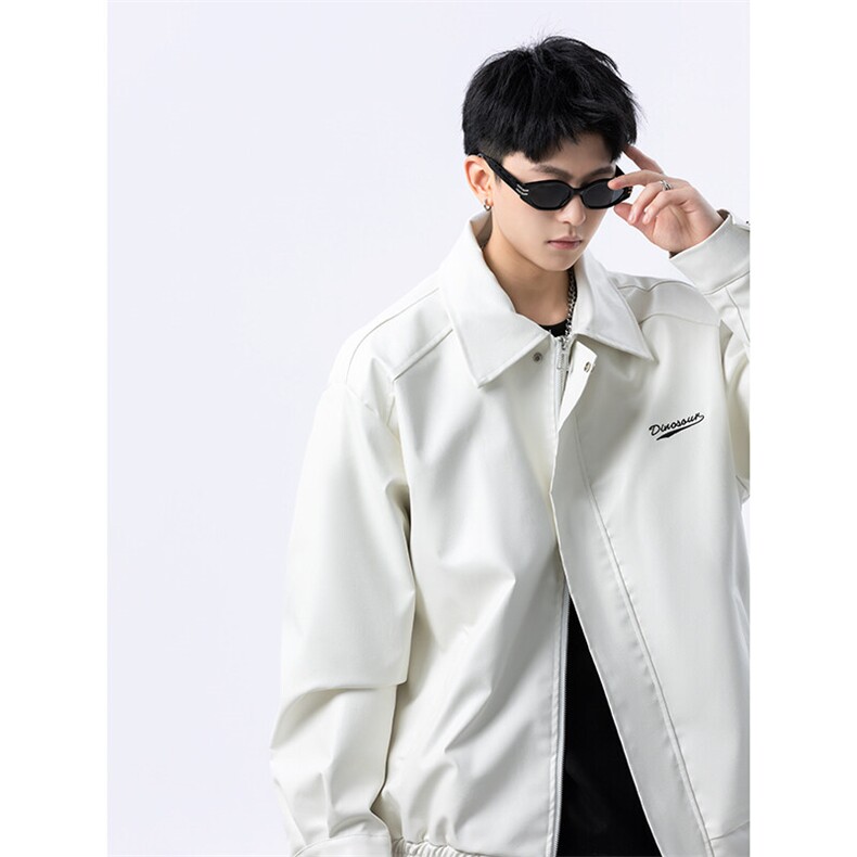 春季新款港风美式刺绣痞帅翻领皮衣夹克男 XZ213-JK6000-P70控98图片