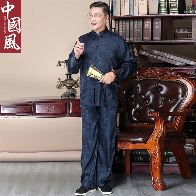 风中老年唐装男士春夏款大龙长袖套装丝绸衬衫,男装中老年男装,钱塘723