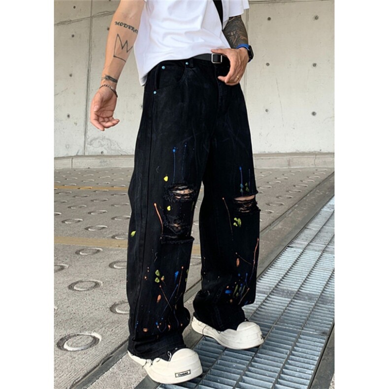 阔腿直筒裤子时尚白色泼墨破洞牛仔裤男涂鸦休闲裤子K8072,男装牛仔裤,星座1116A（原606A-3）