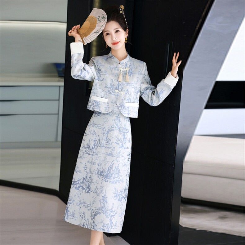 2025春装立领复古盘扣长袖两件套刺绣图案潮流显瘦套装裙,女装套装/套裙,施恩睿棋