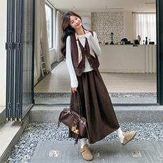 小个子复古长袖T恤马甲半身裙三件套女2025秋新款美拉德显瘦套装，女装套装/套裙，2C029