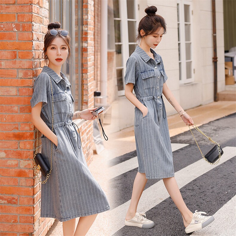 时尚显瘦牛仔连衣裙女夏季新款韩版宽松短袖学生裙子,女装连衣裙,秋水欣儿