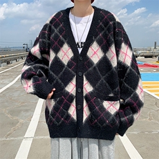 2022复古菱格纹针织毛衣开衫学院风V领纽扣宽松外套男女M1001-P55，男装针织衫/毛衣，星座512-2