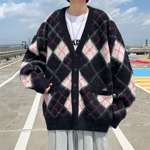 2022复古菱格纹针织毛衣开衫学院风V领纽扣宽松外套男女M1001-P55图片