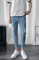 牛仔裤男秋季潮牌韩版潮流修身小脚破洞九分休闲百搭裤子805-P35，男装牛仔裤，电商A318
