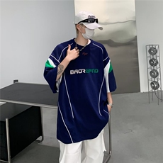 美式复古运动球服线条拼接短袖T恤男夏百搭休闲宽松球衣T03，男装T恤，星座1116A-1（原606A）