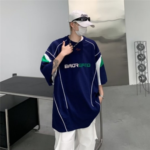 美式复古运动球服线条拼接短袖T恤男夏百搭休闲宽松球衣 T03图片