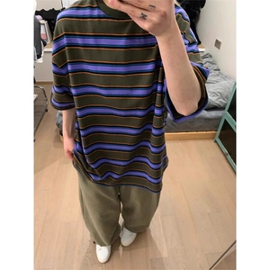 自制~现货~重磅紫色条纹短袖t恤休闲半袖上衣 DX091 P48图片