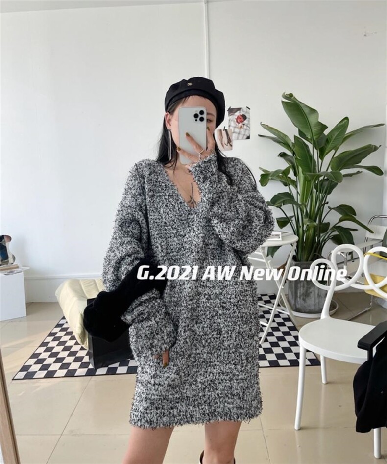 V领颗粒感针织毛衣均码爆，女装针织衫/毛衣，G