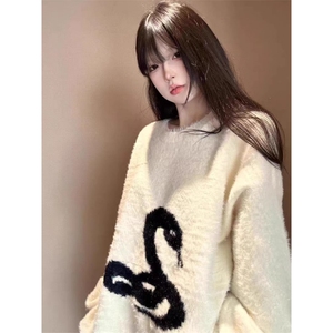潮牌美式情侣蛇图案毛衣男女秋冬仿貂毛小众慵懒风套头针织外套图片