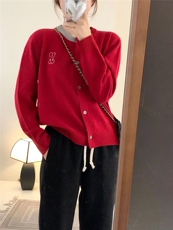 甜美粉色刺绣小兔子羊毛开衫女秋冬新款百搭宽松外套，女装羊毛衫，伟泽羊绒