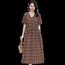 现货，2022年夏季新款女装时尚文艺休闲棉麻连衣裙格子，女装连衣裙，依万里