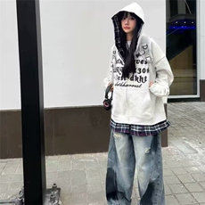 美式复古假两件男女格子拼接连帽卫衣秋季潮牌情侣外套，女装短外套，星座1210-1
