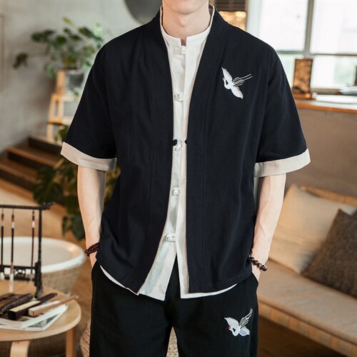 风外套五分袖男唐装盘扣开衫道袍和服宽松夹克茶服M130P35