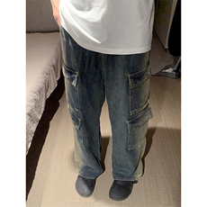 B221美式ins高街重工艺宽松做旧工装牛仔裤子LK23143-P80控108，男装牛仔裤，电商B221