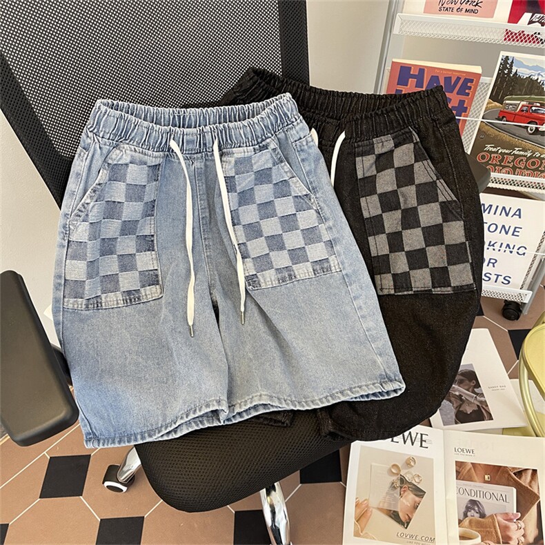 夏款男牛仔短裤棋盘格拼接渐变色牛仔中裤马裤D23P38，男装牛仔裤，星座1013-1