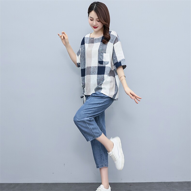 2023夏季棉麻格子时尚简约大方气质优雅休闲透气两件套,女装套装/套裙,独衣靓
