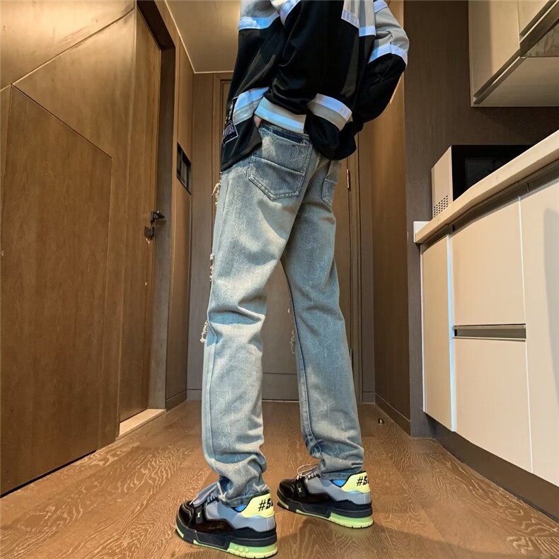 美式高街百搭直筒牛仔裤显高显瘦欧美水洗黄泥破洞毛边K9054-P50,男装牛仔裤,星座1109-3