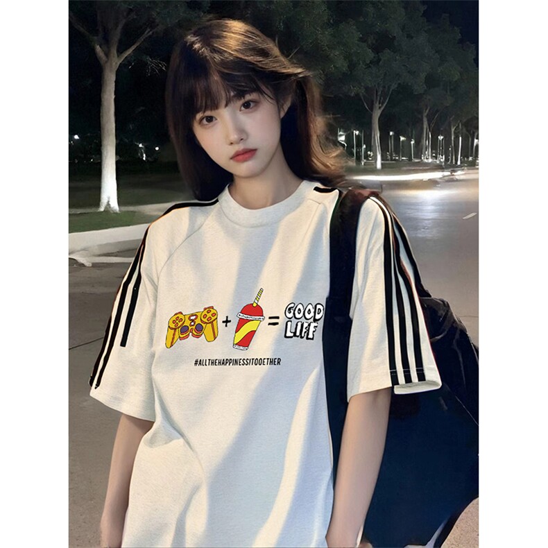 抖音得物高品质二开240克宽松纯棉美式潮牌三条杠织带短袖T恤图片