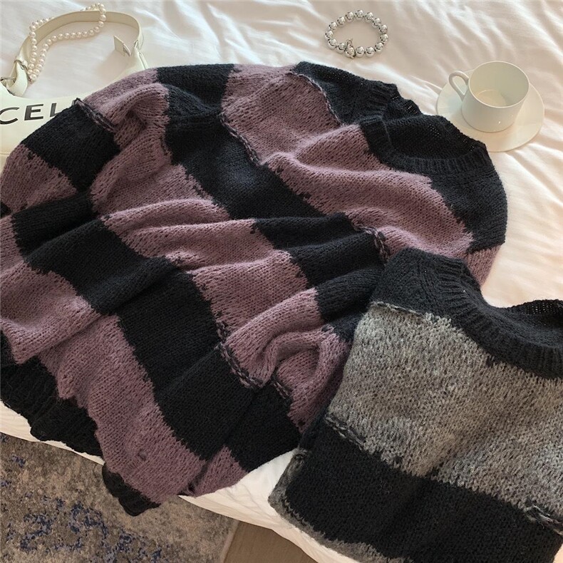 现货秋冬新款条纹破洞毛衣，女装针织衫/毛衣，XTZ style