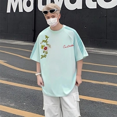 抖音得物品质二开240克宽松纯棉美式潮牌印花三条杠中性风短袖T恤，男装T恤，电商A486