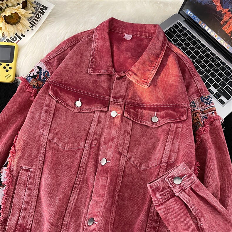 美式复古粉色水洗拼接牛仔外套男女古着情侣棒球服，女装职业装，星座410-7