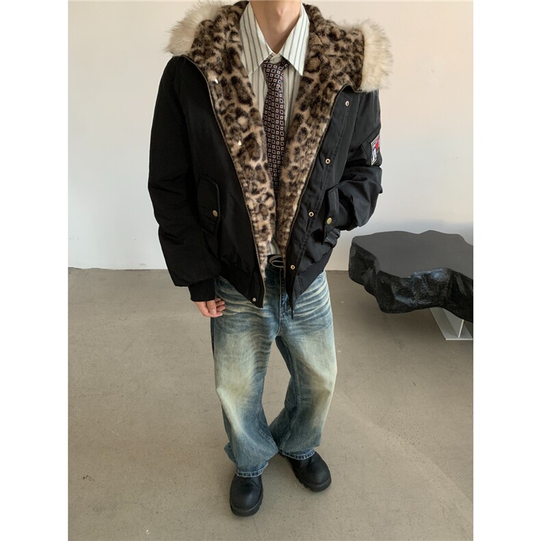 豹纹连帽座山雕毛领棉服男女冬季宽松美式情侣外套MF5036-P105,男装棉衣,星座208-5