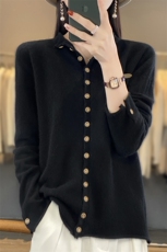 开衫女半高圆领带扣针织羊毛外套宽松休闲外搭复古文艺风上衣，女装羊毛衫，端硕羊绒
