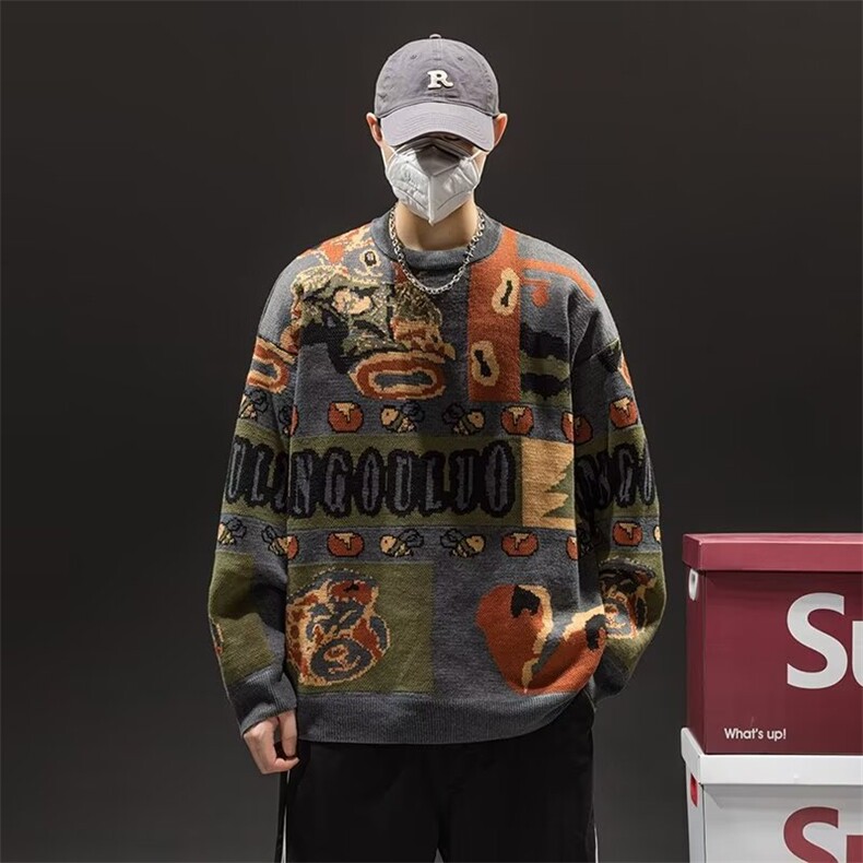 美式复古小熊毛衣男女秋冬季套头潮牌宽松慵懒风情侣古着感针织衫，男装针织衫/毛衣，星座1013