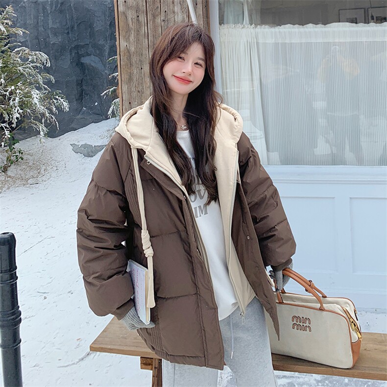 咖色90白鸭绒短款连帽羽绒服女冬季2025新款韩版抗寒小个子面包服图片