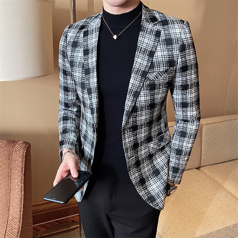 2021春新款西装男士黑白格子西装商务休闲西服西外套806-，男装西服，电商D225