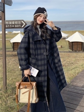 深蓝色复古格纹双面呢连帽大衣女2025秋学院风宽松休闲中长款外套，女装双面呢大衣，曼娅璐