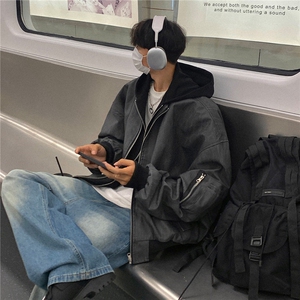 24秋装 美式复古假两件皮衣棒球服连帽中性夹克外套男 H994 P98图片
