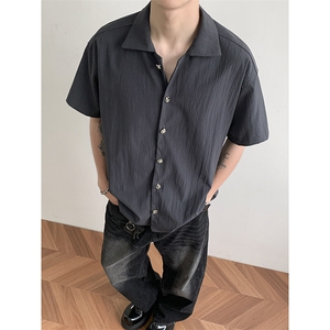 褶皱天丝混纺肌理丝滑垂感短袖Cleanfit衬衫男图片