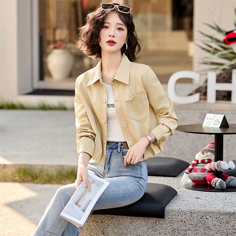 女装官网夏皮衣外套女短款2025春秋新款小个子高腰时尚休闲机,女装皮衣,魅丽静蓝