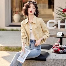 女装官网夏皮衣外套女短款2025春秋新款小个子高腰时尚休闲机，女装皮衣，魅丽静蓝