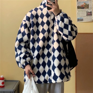 秋冬季棋盘格羊羔绒棉服男港风百搭宽松棉衣学生棉袄 W2141-P70图片