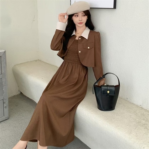 现货2024年秋季新款女时尚潮流气质小香风外套吊带修身连衣裙套装图片