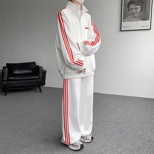 8XL-M条纹撞色开衫新年红卫衣运动套装潮牌运动服校园风TZ114P118图片