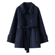 2025年秋季通勤长袖翻领领口双排扣插肩袖时尚百搭优雅，女装毛呢外套，织美生