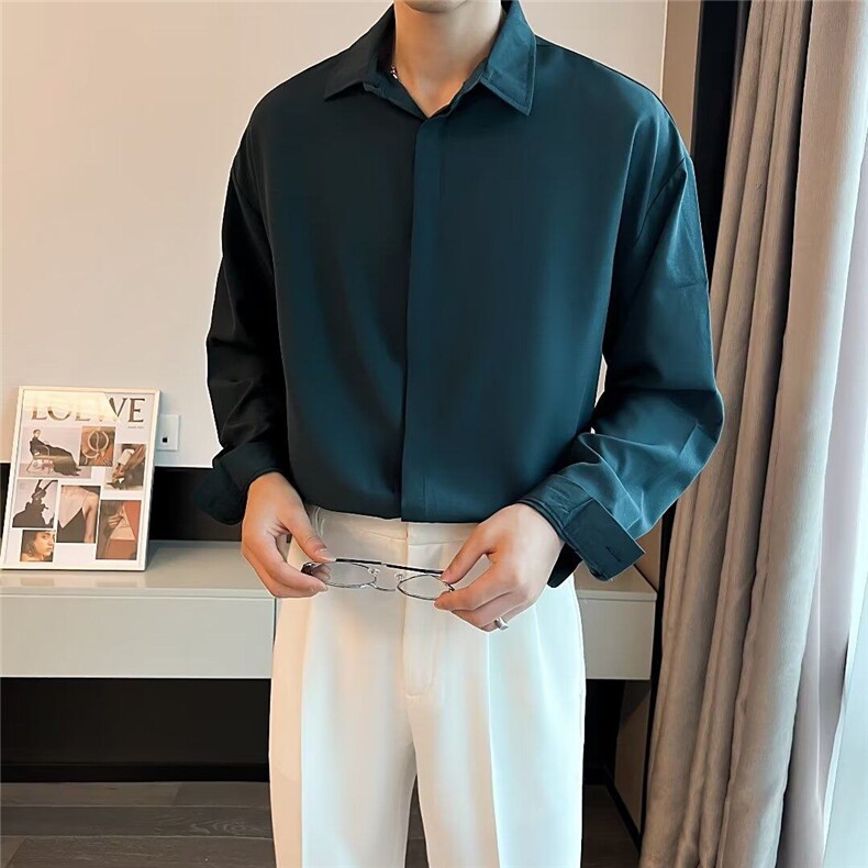 新款潮慵懒青春流行百搭男夏季暗扣长袖衬衫纯色潮流气质,男装衬衫,星座410-7