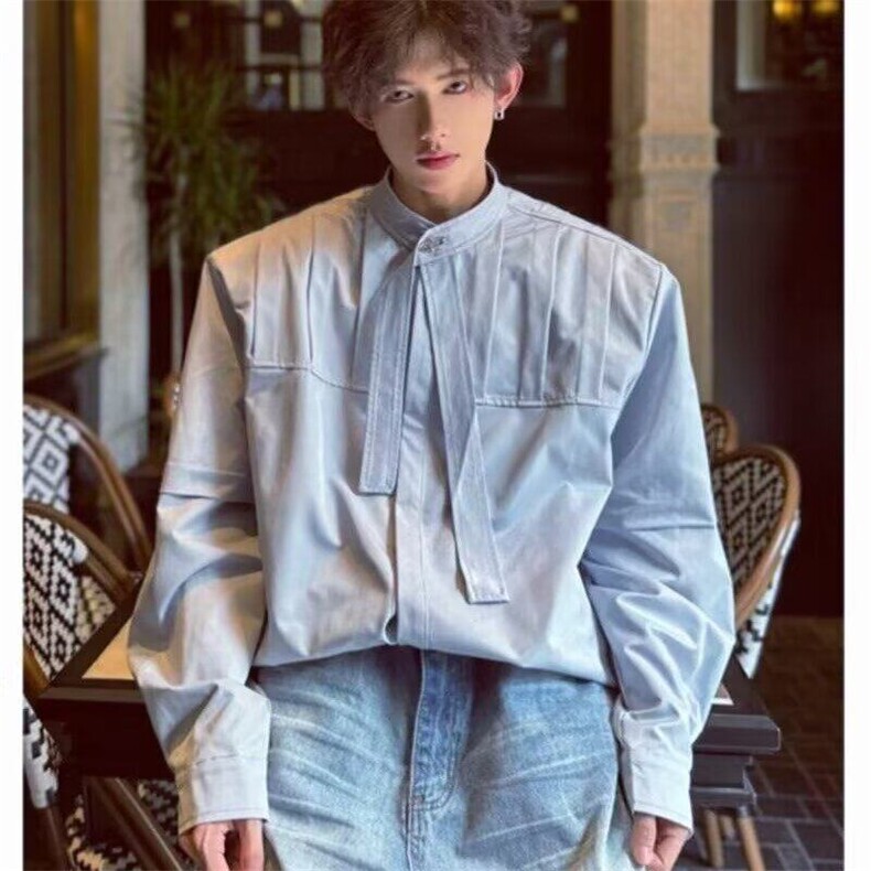 小众解构立体压褶长袖飘带设计感衬衫男宽松慵懒贵气开衫,男装衬衫,星座506A