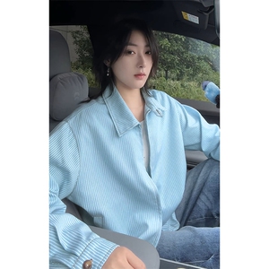 松弛极简蓝白条纹翻领开衫大码短款长袖夹克男J5284-特P58控108图片