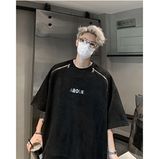 美式复古短袖T恤男夏季潮牌亮片设计感潮流宽松百搭麂皮绒体恤衫，男装T恤，星座517A-8（原B282）